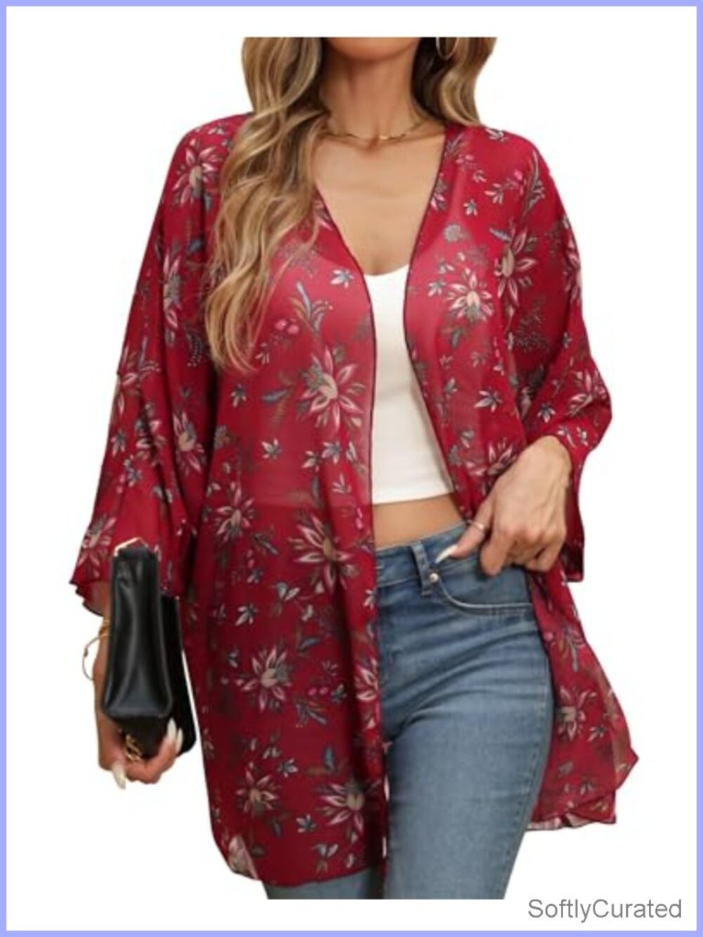 Womens Kimono Cardigan 3/4 Sleeve Chiffon Floral Beach Cover Up